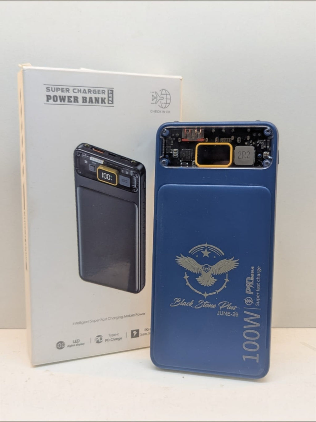 Black Stone Plus 100W Super Fast Power Bank – Transparent Cyberpunk Design