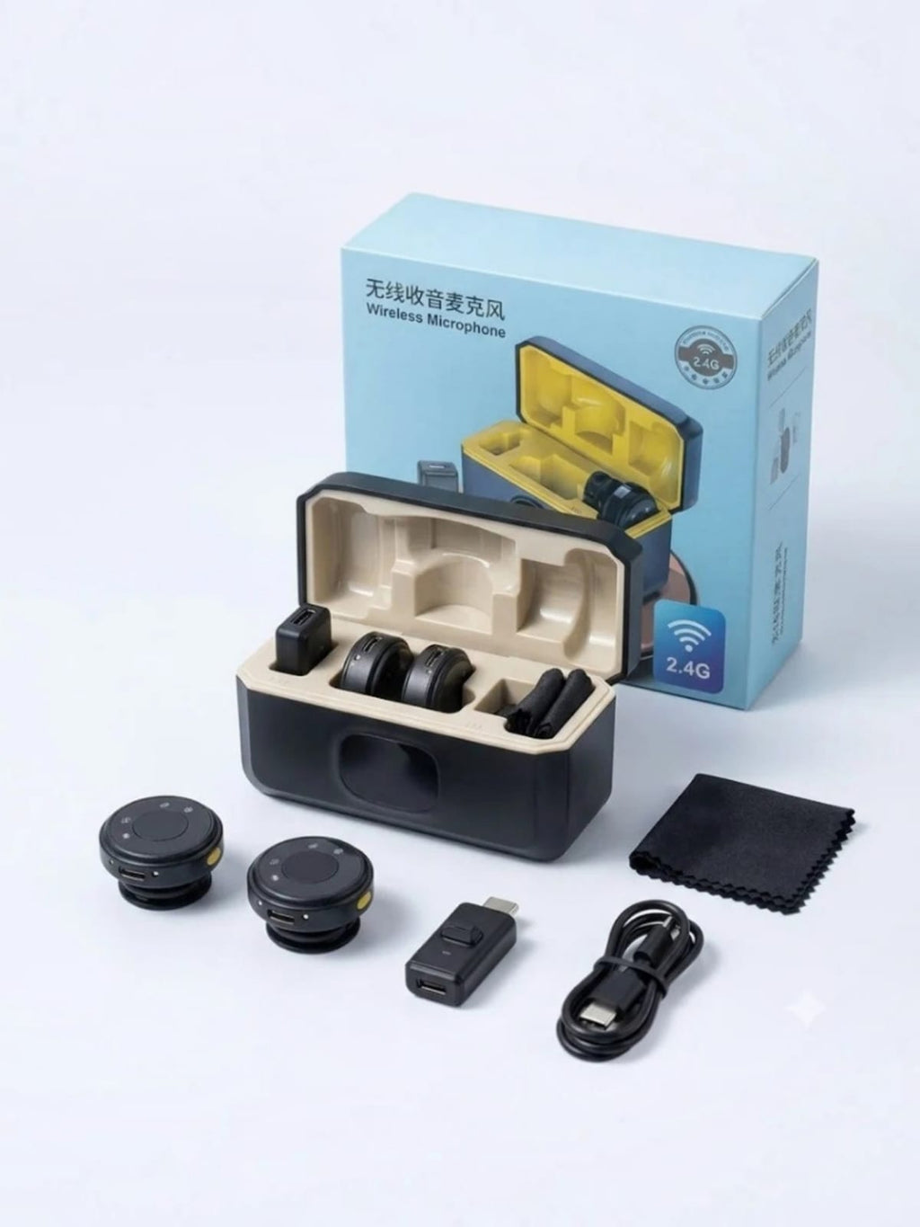 2.4G wireless dual-lavalier microphone system with a portable charging case.